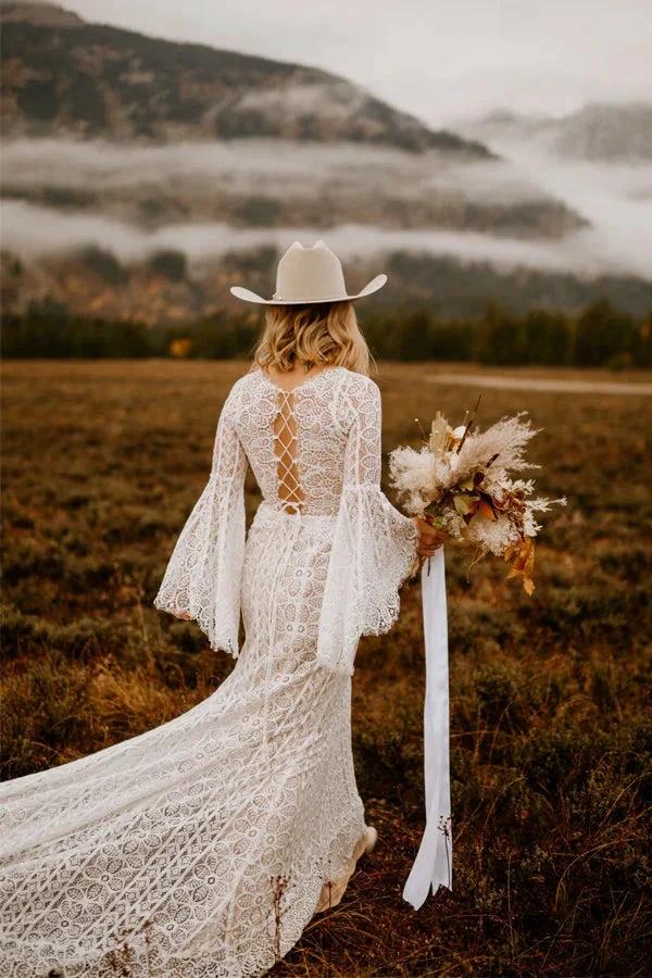 Long Sleeve Lace Wedding Dresses Lace Up Back Beach Wedding Dress (ZD16358) - VelvetHem