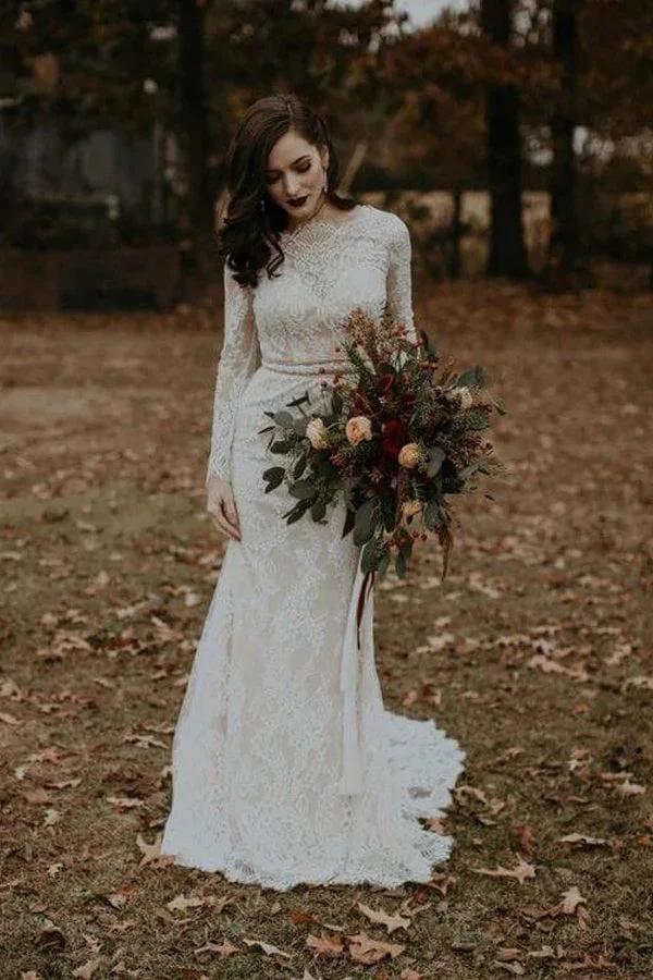 Long Sleeve Vintage Wedding Dress Backless Rustic Bridal Gown (ZD16095)