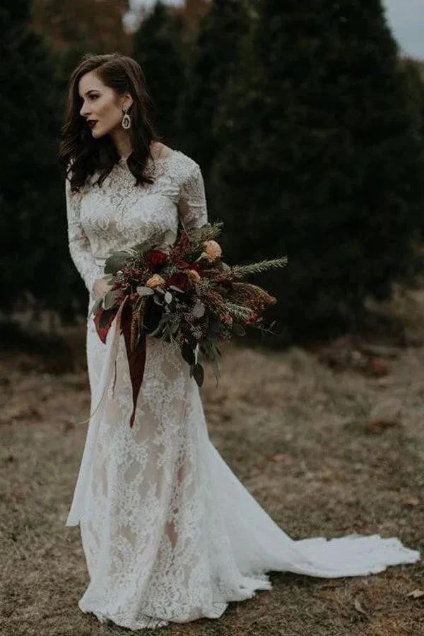 Long Sleeve Vintage Wedding Dress Backless Rustic Bridal Gown (ZD16095)