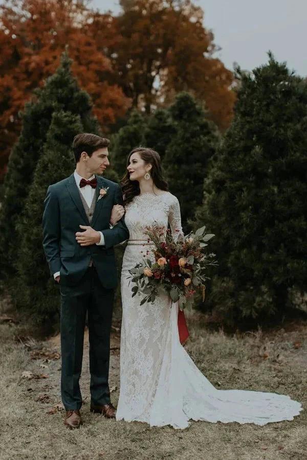 Long Sleeve Vintage Wedding Dress Backless Rustic Bridal Gown (ZD16095)