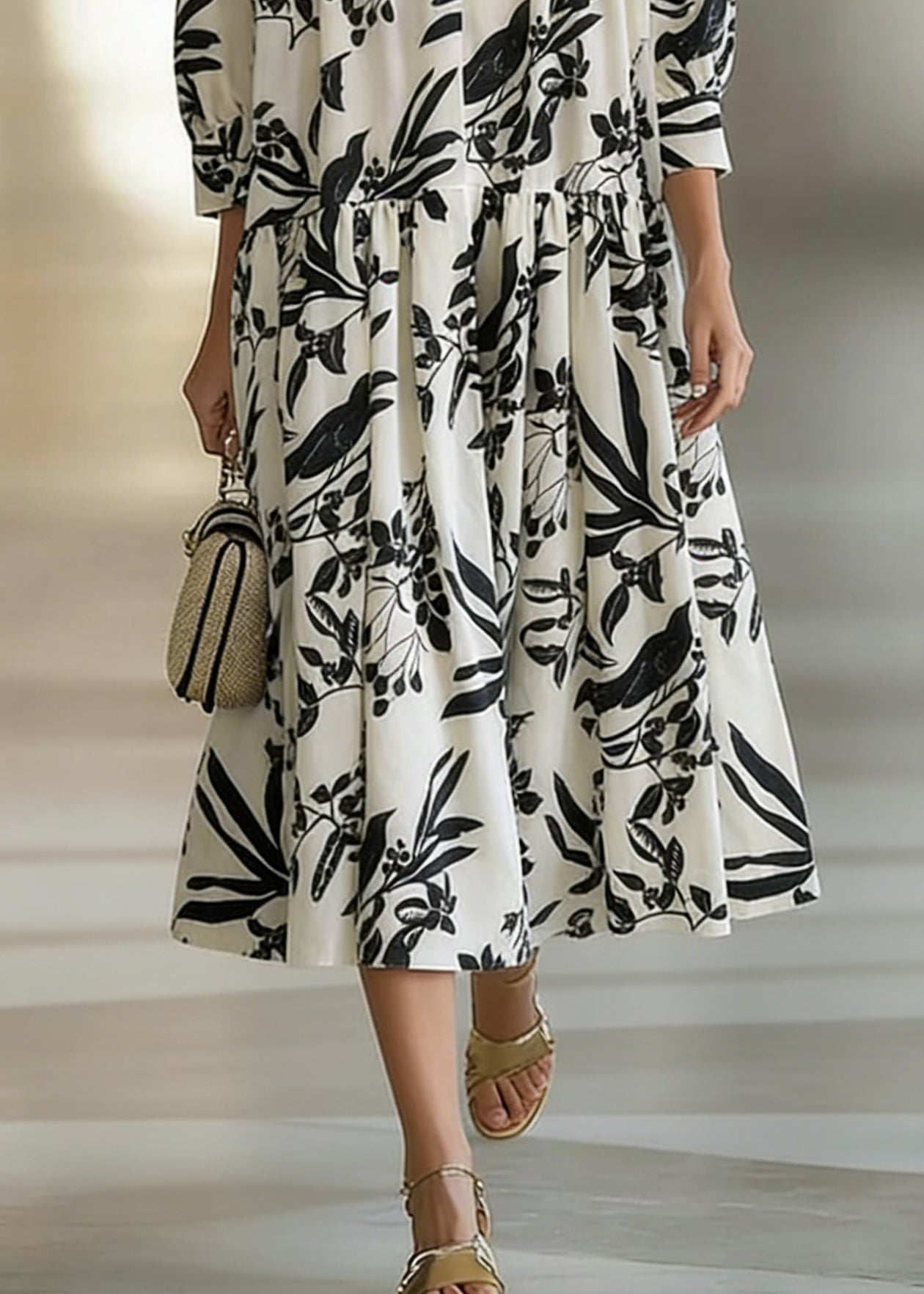 Loose Beige V Neck Print Wrinkled Cotton Long Dresses Bracelet Sleeve