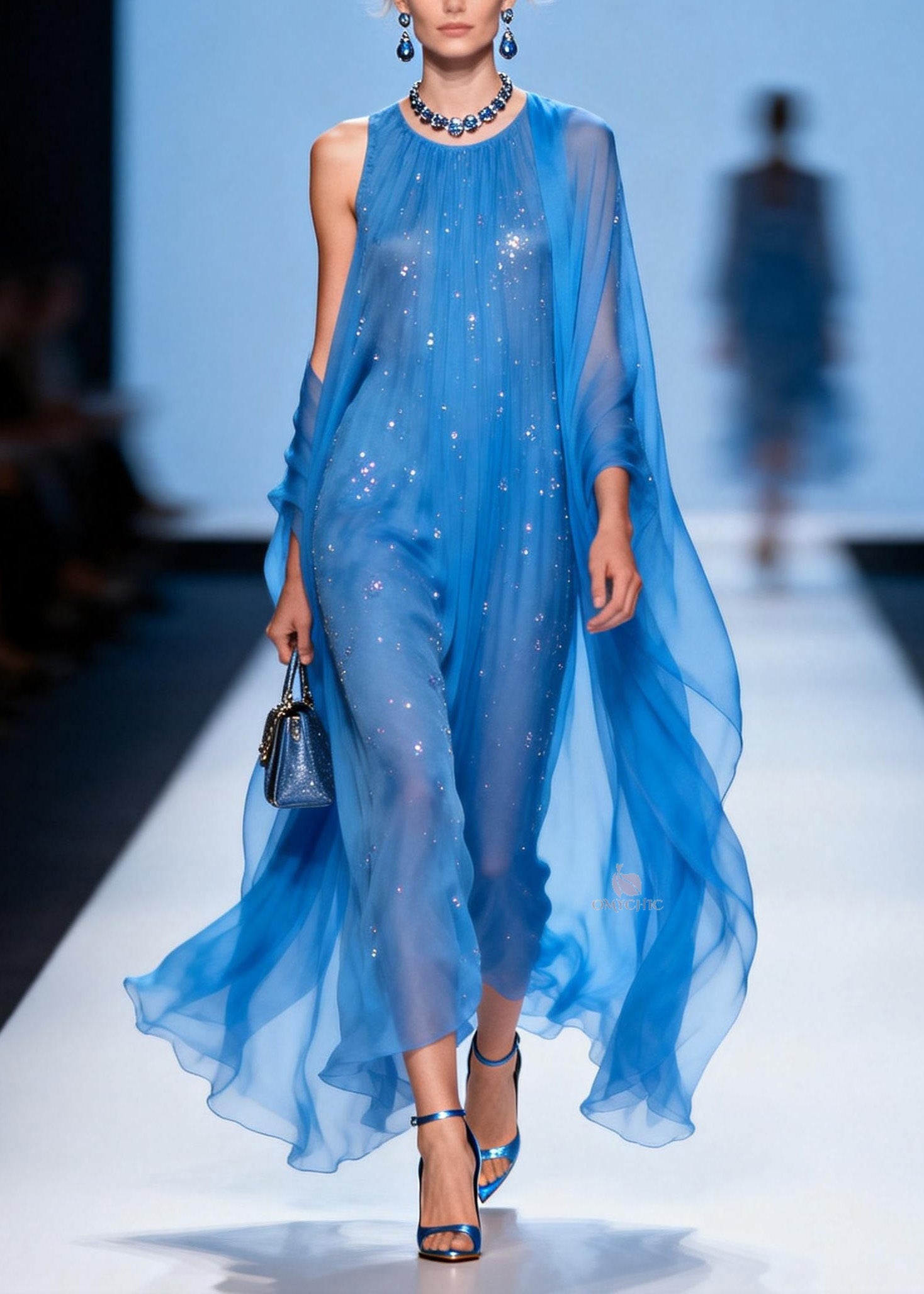 Loose Blue O Neck Zircon Patchwork Chiffon Dresses Summer