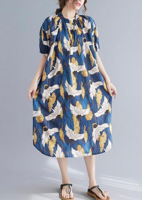 Loose Blue Print Cotton O-Neck Loose Summer Mid Dress ( Limited Stock)