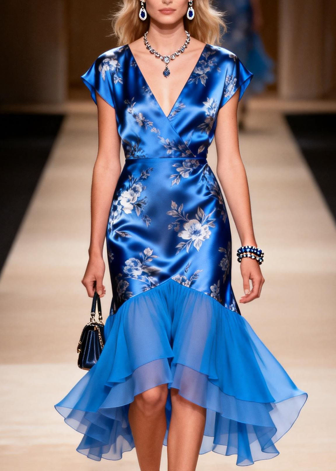 Loose Blue V Neck Ruffled Patchwork Silk Dress Summer