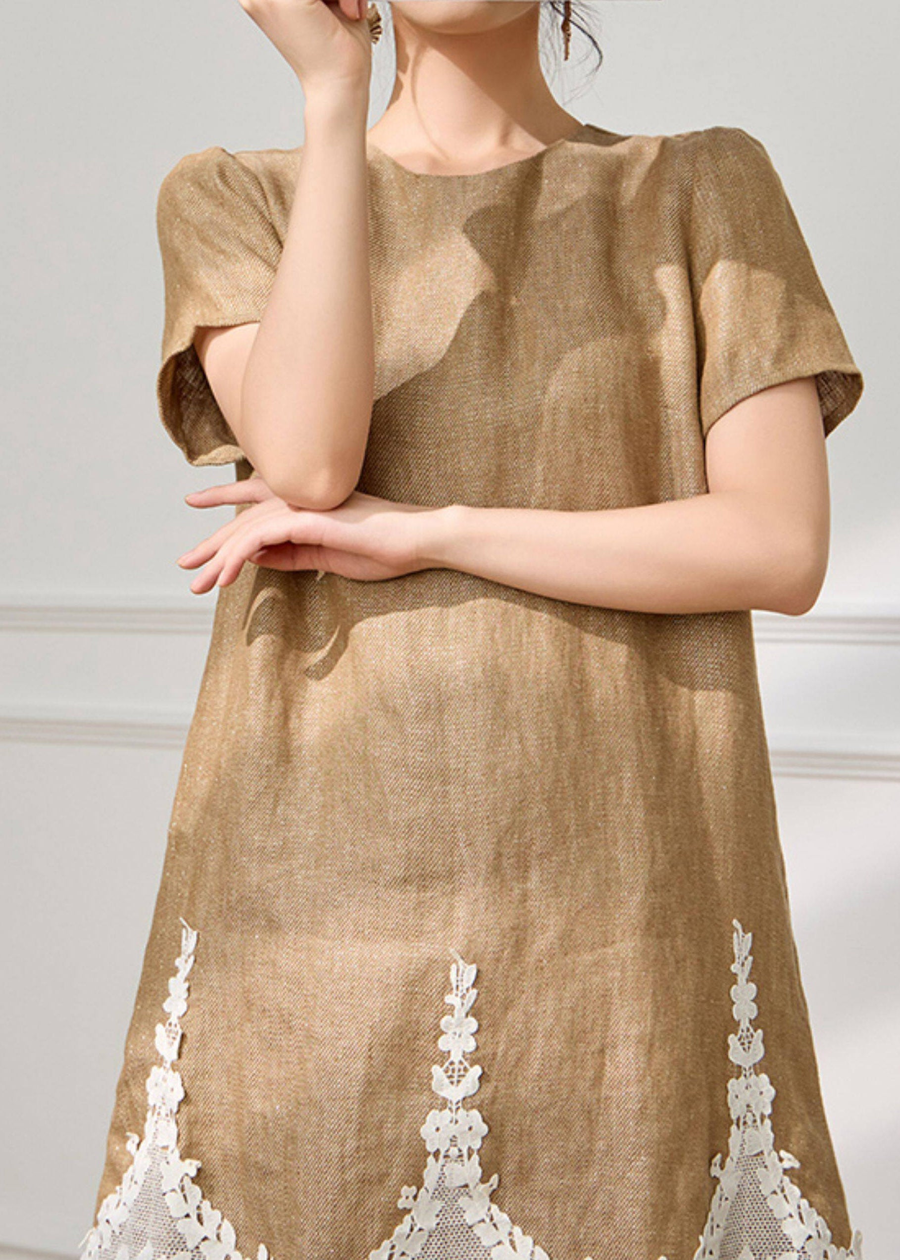 Loose Coffee O-Neck Lace Patchwork Mid Dress Short Sleeve