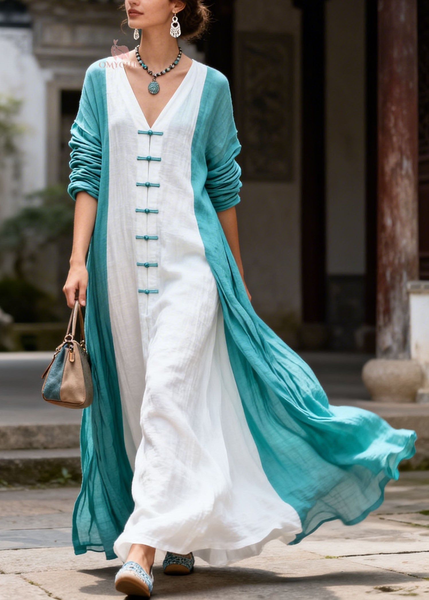 Loose Colorblock V Neck Chinese Button Patchwork Cotton Dress Summer
