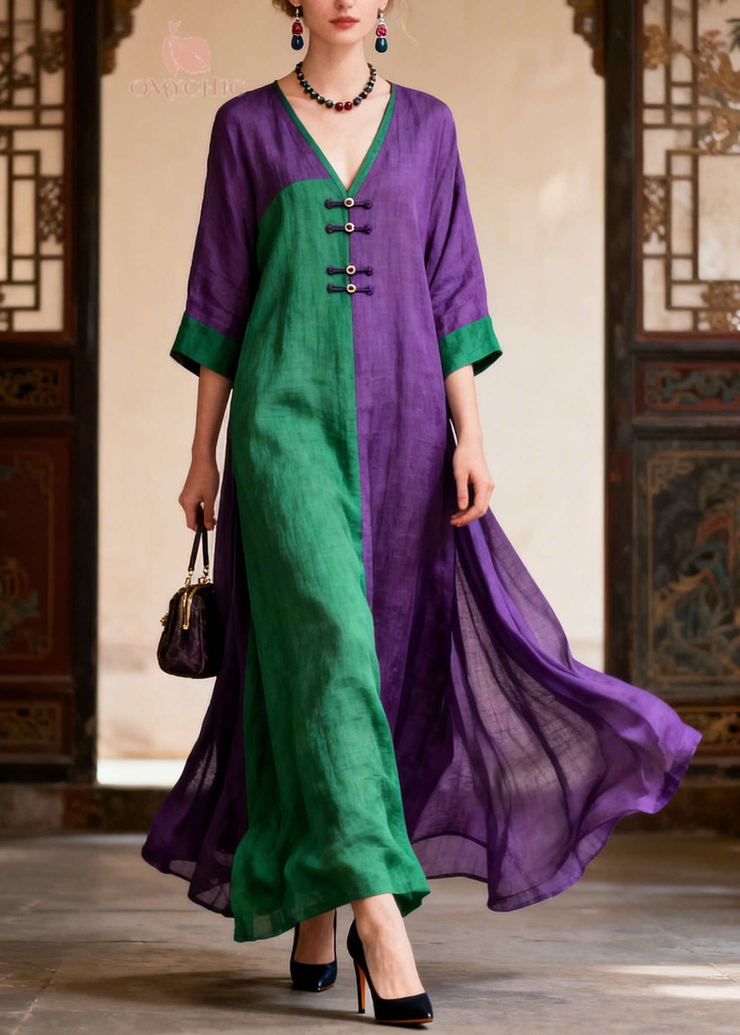 Loose Colorblock V Neck Patchwork Cotton Dresses Summer