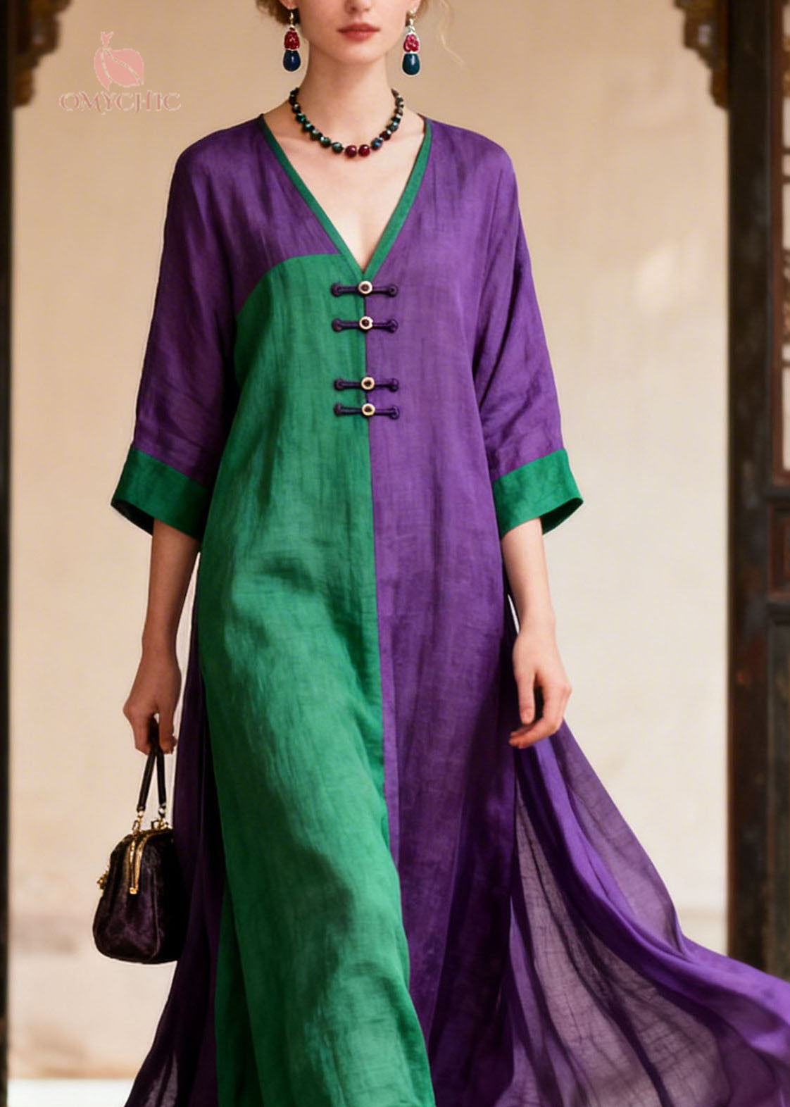 Loose Colorblock V Neck Patchwork Cotton Dresses Summer