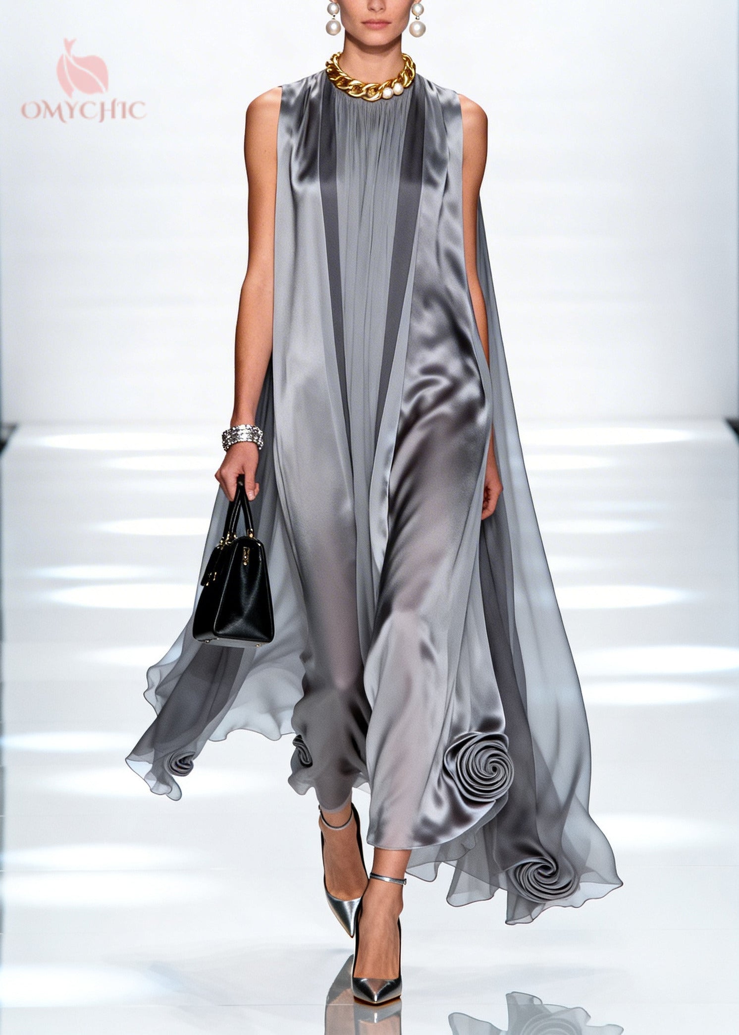 Loose Grey Oversized Stereoscopic Floral Chiffon Long Dress Sleeveless