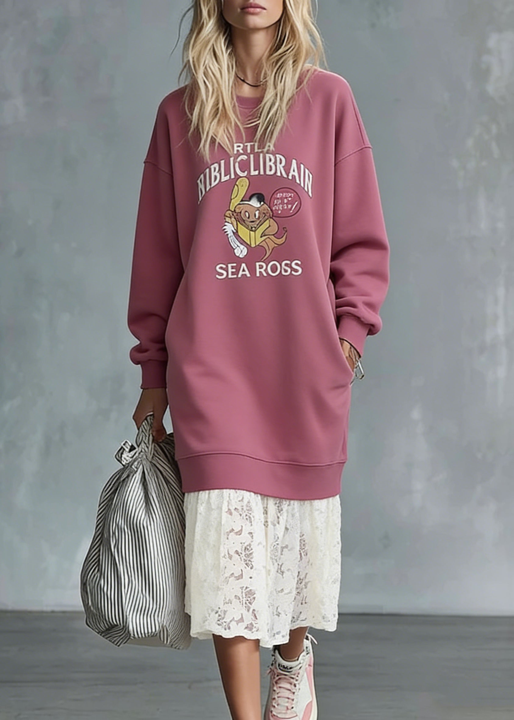 Loose Pink O Neck Print Lace Patchwork Warm Fleece Sweatshirts Dress Spring