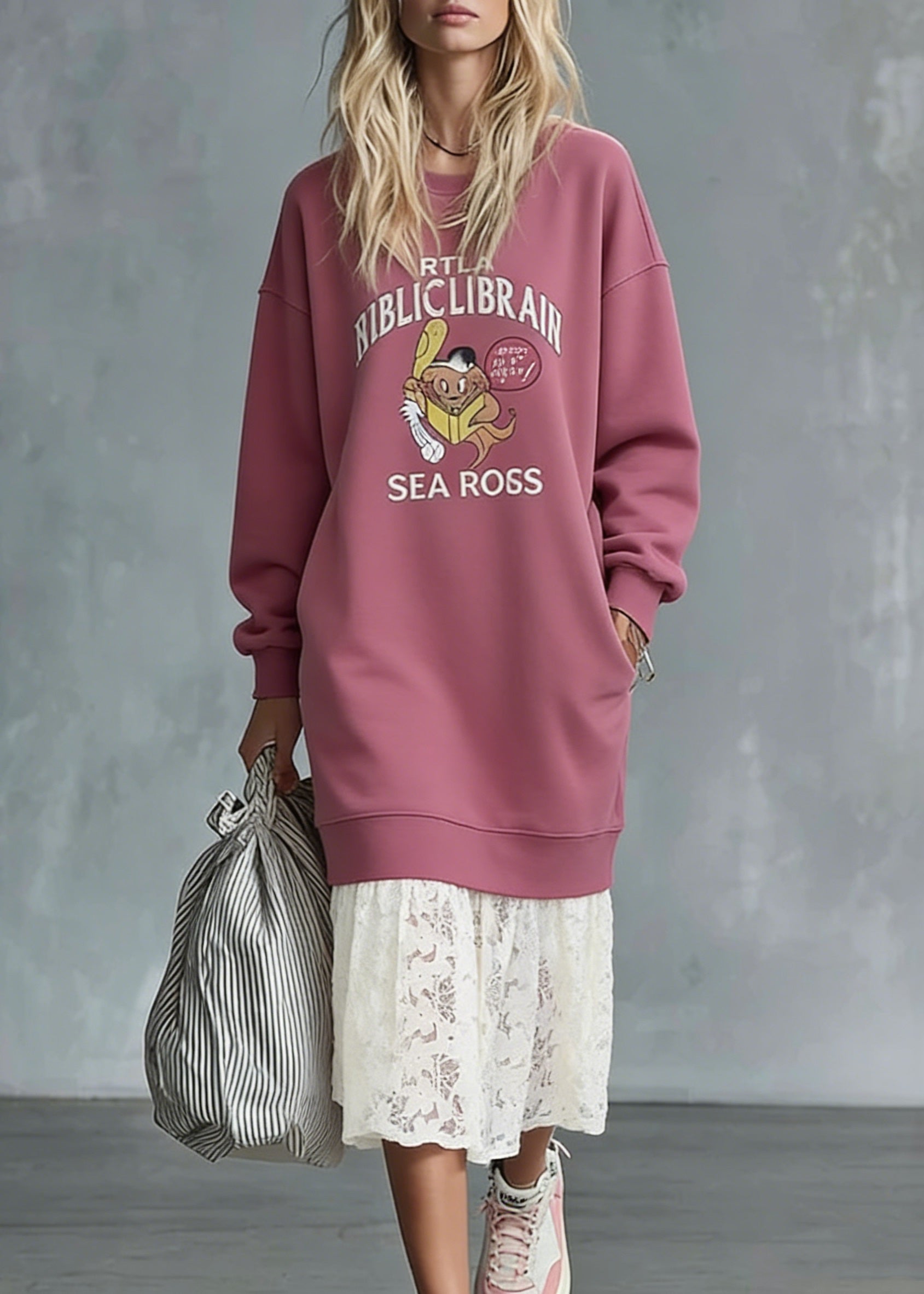 Loose Pink O Neck Print Lace Patchwork Warm Fleece Sweatshirts Dress Spring