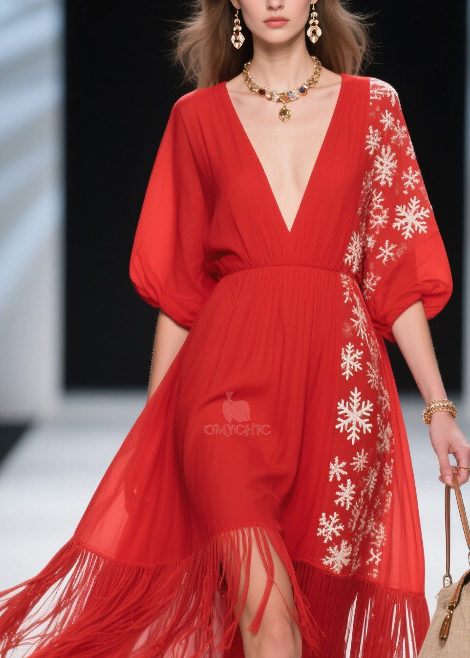 Loose Red Print Tassel Patchwork Cotton Dress Summer