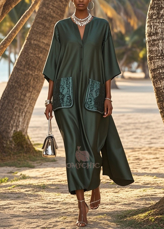 Loose V Neck Pockets Patchwork Silk Long Dress Summer