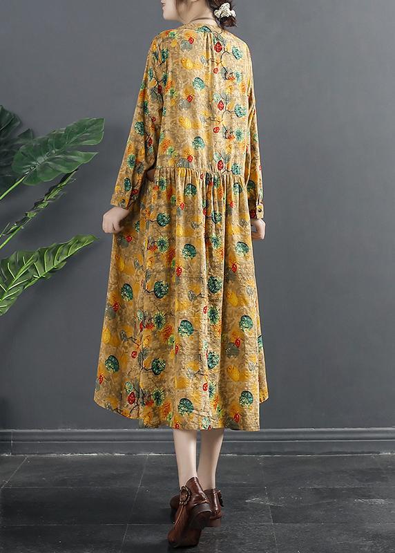 Loose Yellow Print Clothes For Women Pockets Baggy Spring Dresses