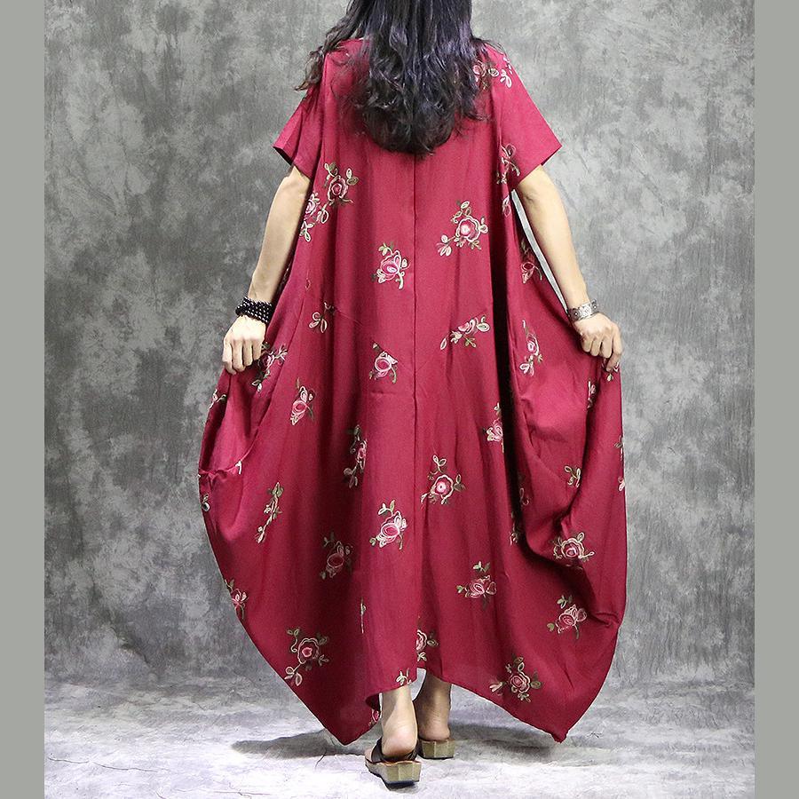 Loose O-Neck Prints Linen Robes Stylish Work Outfits Red Loose Dress Summer