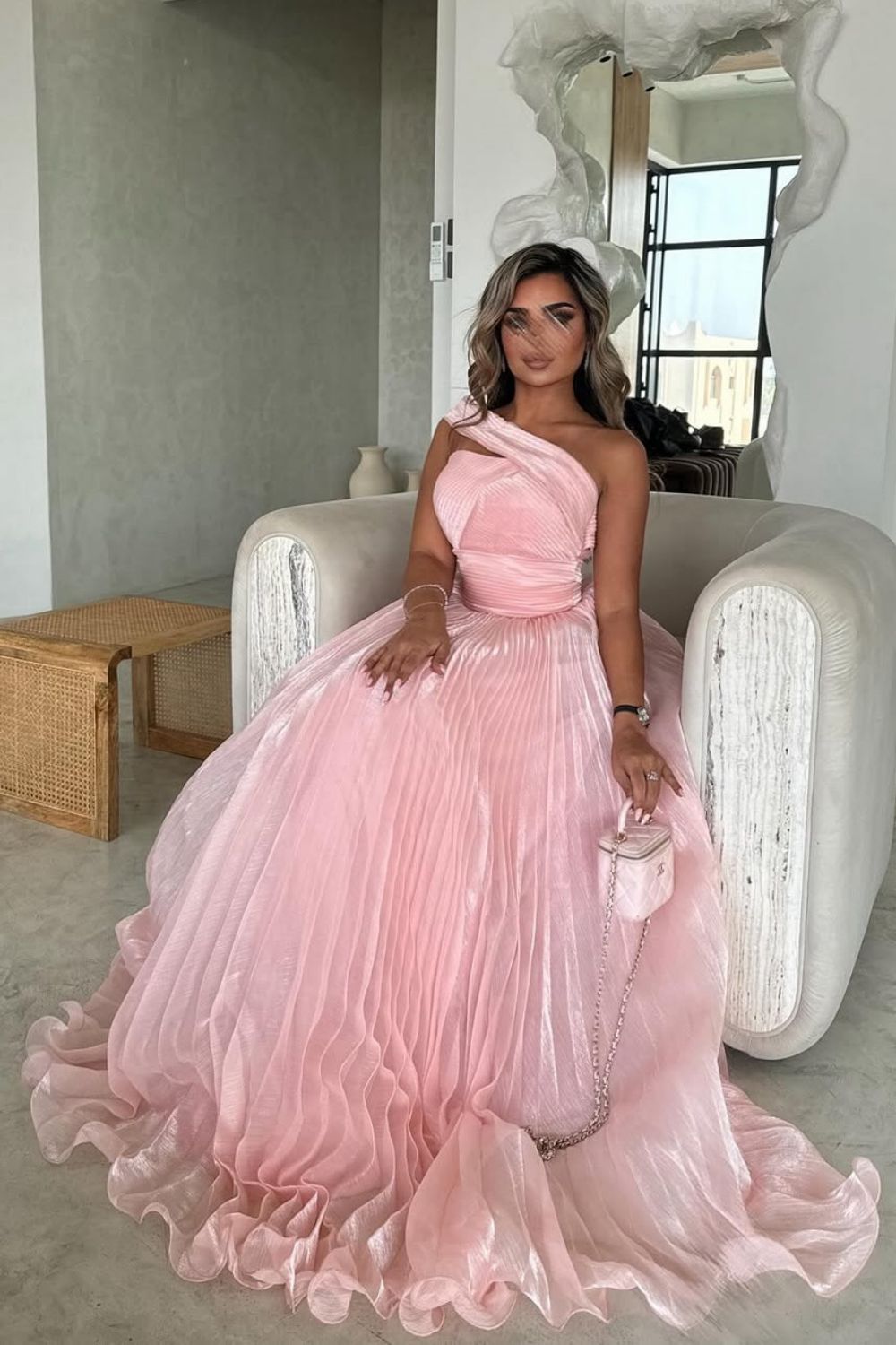Lovely A-Line One Shoulder Pink Long Pleated Tulle Prom Dress