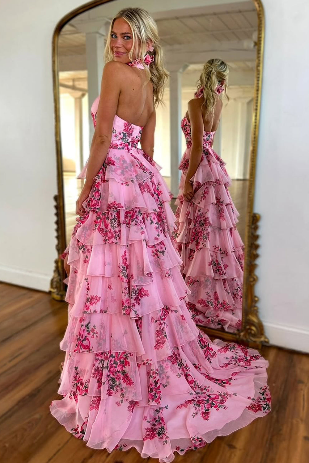 Pink Lovely A-Line Halter Neck Long Prom Dress with Ruffle Print Chiffon Skirt