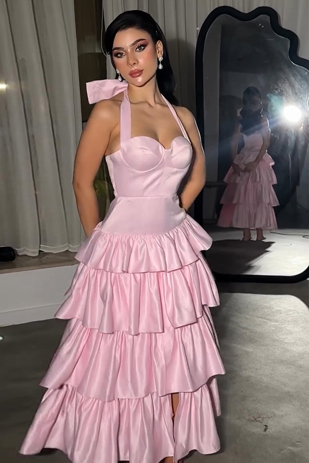 Lovely Pink A-Line Halter Neck Long Tiered Satin Formal Party Dress - View 2 | VelvetHem