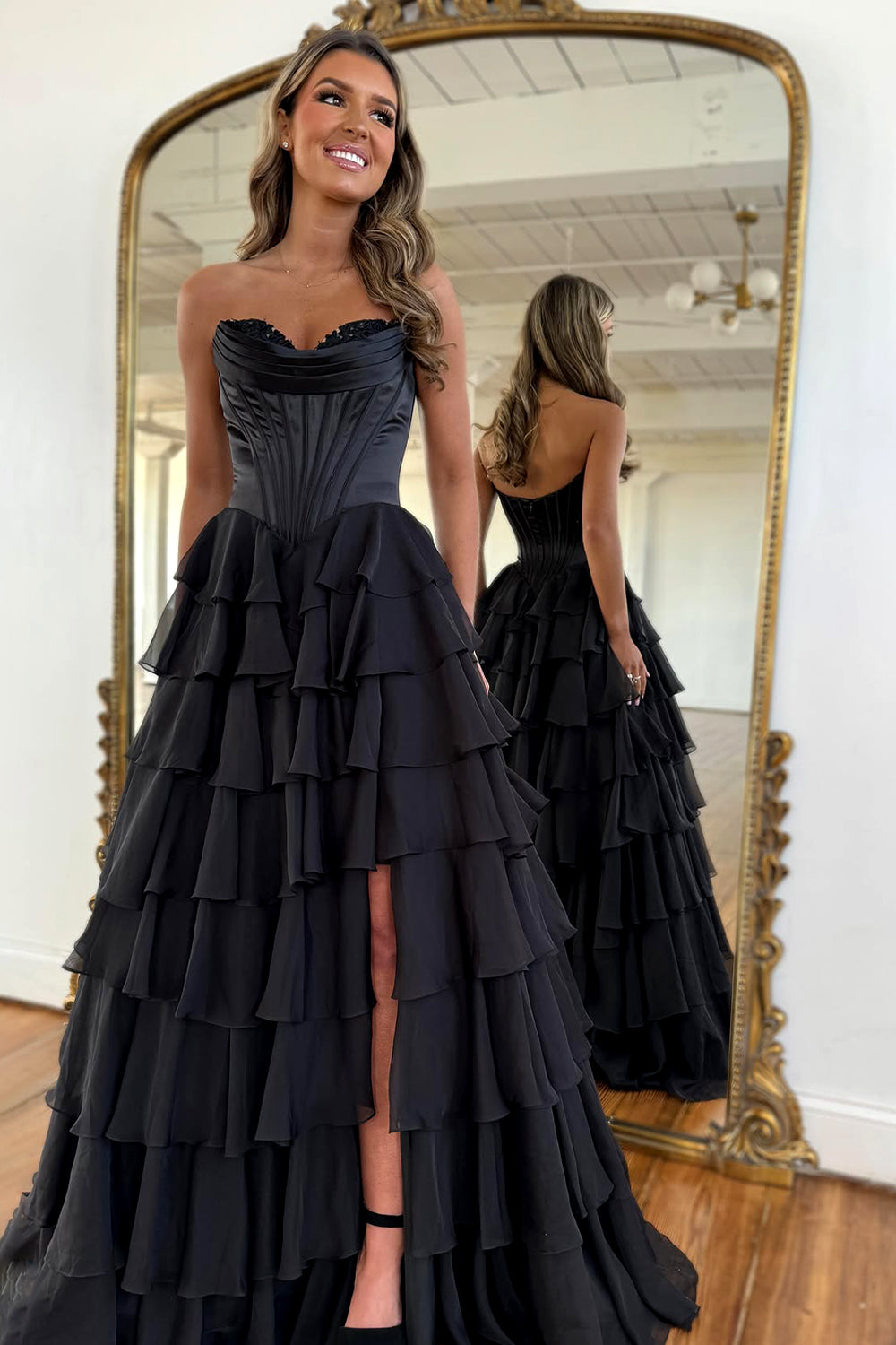Stunning A-Line Sweetheart Satin Top Long Tiered Chiffon Prom Dress with Slit