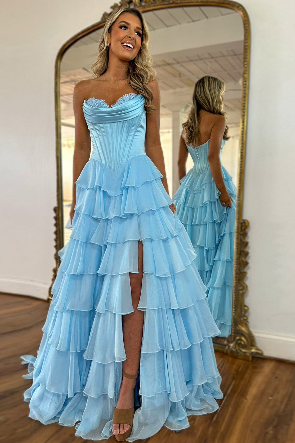Stunning A-Line Sweetheart Satin Top Long Tiered Chiffon Prom Dress with Slit - View 8 | VelvetHem