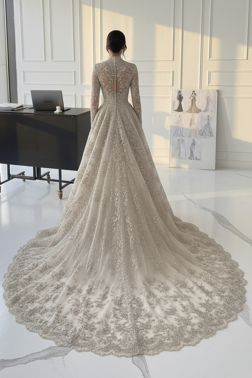 Suzhoufashion A Line V Neck Champagne Long Wedding Dress With Appliques Lace Bridal Gown