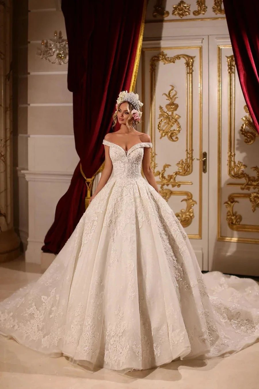 Luxurious A-line Long Off-the-shoulder Appliques Beading Wedding Dress With Train (ZD15656)