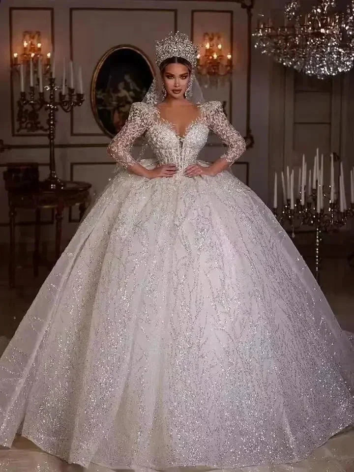 Luxurious Ball Gown Sparkly Wedding Dresses 2023 V Neck Long Sleeve Robe De Mariee Lace Beaded Princess Glitter Vestido De Novia (ZD14026) - VelvetHem