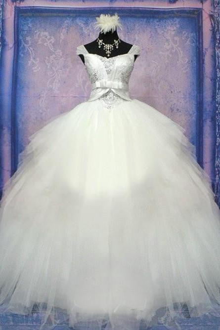 Luxurious Crystal Ball Gown Princess Dress with Beadings Tulle Bowknot Lace-Up Wedding Gown