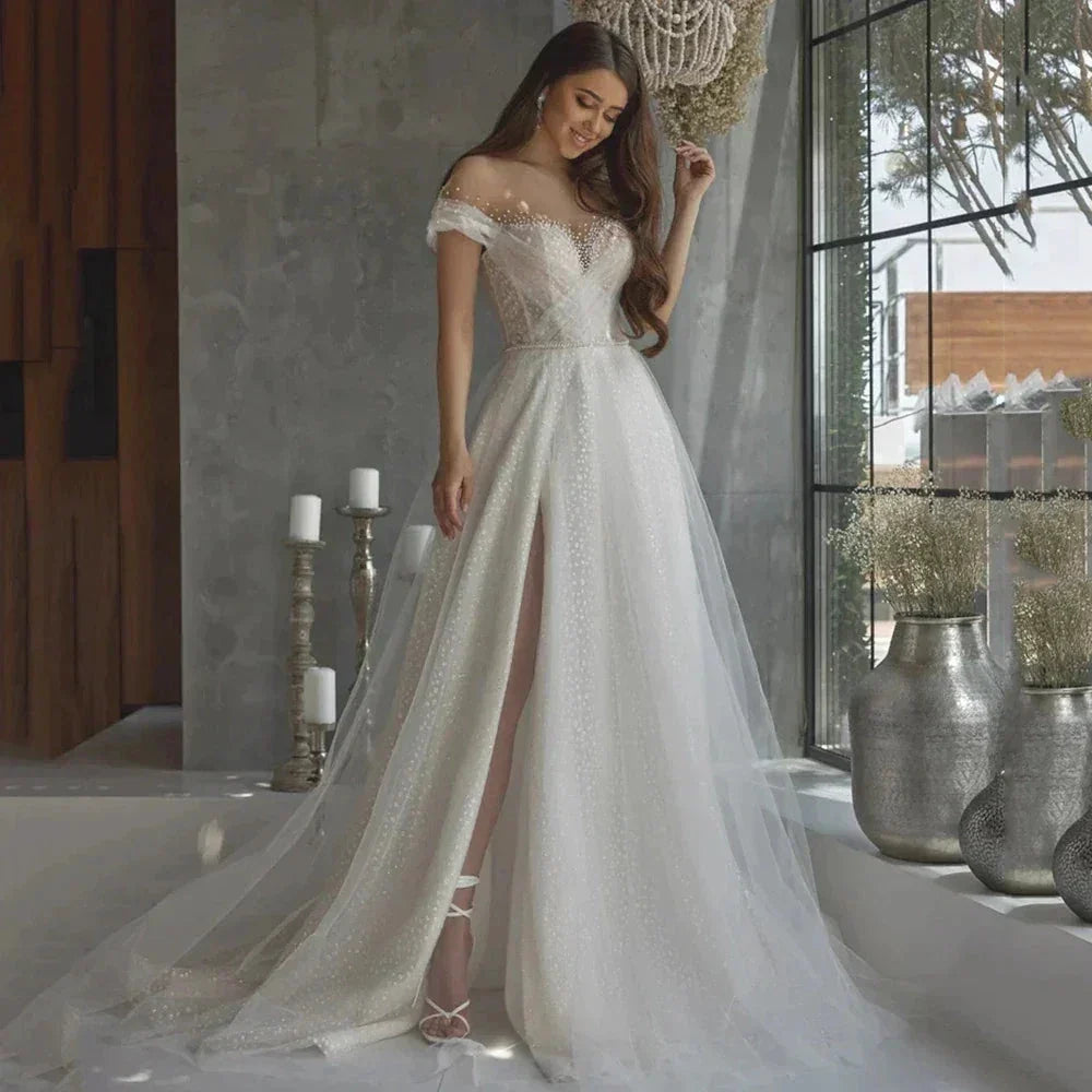 Luxurious Elegant Lace Beading Off Shoulder Mermaid Fluffy Mopping Floor Wedding Dresses New 2023 Fairy Appliques Bridal Gown (ZD14083)