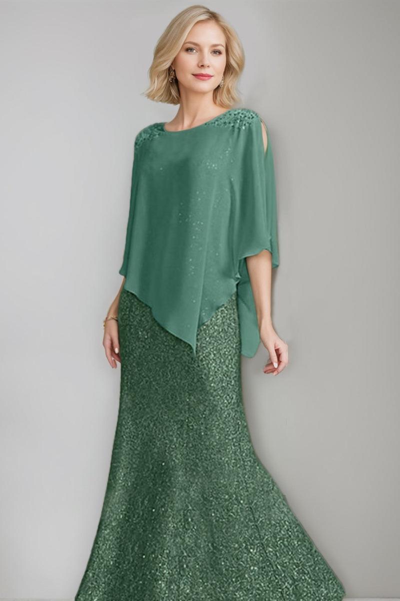 Luxurious Long Chiffon Mother of the Bride Dress with Scoop Neck and Beading Sequins