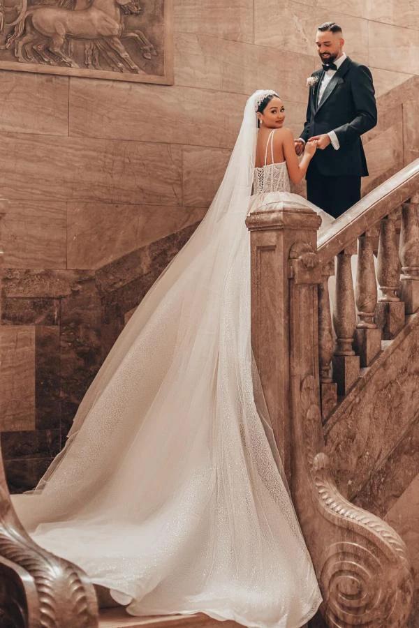 Luxurious Long A-line Lace Spaghetti Straps Wedding Dresses With Glitter (ZD15647)