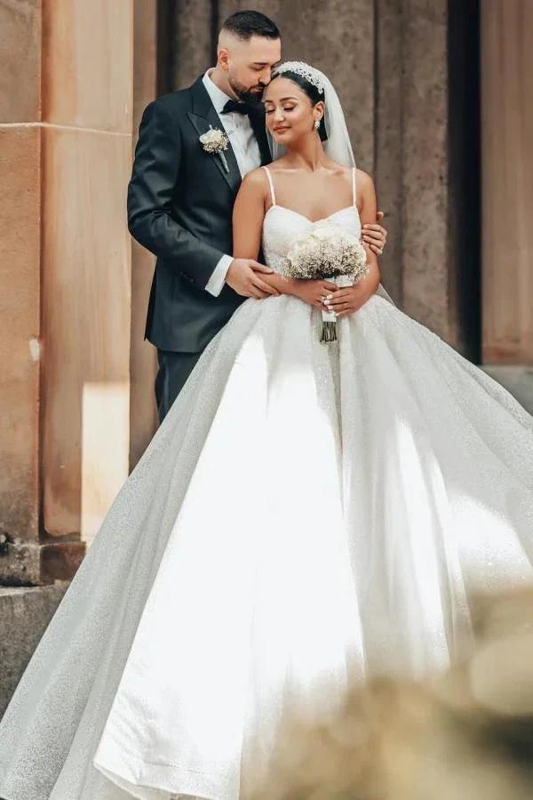 Luxurious Long A-line Lace Spaghetti Straps Wedding Dresses With Glitter (ZD15647) - VelvetHem