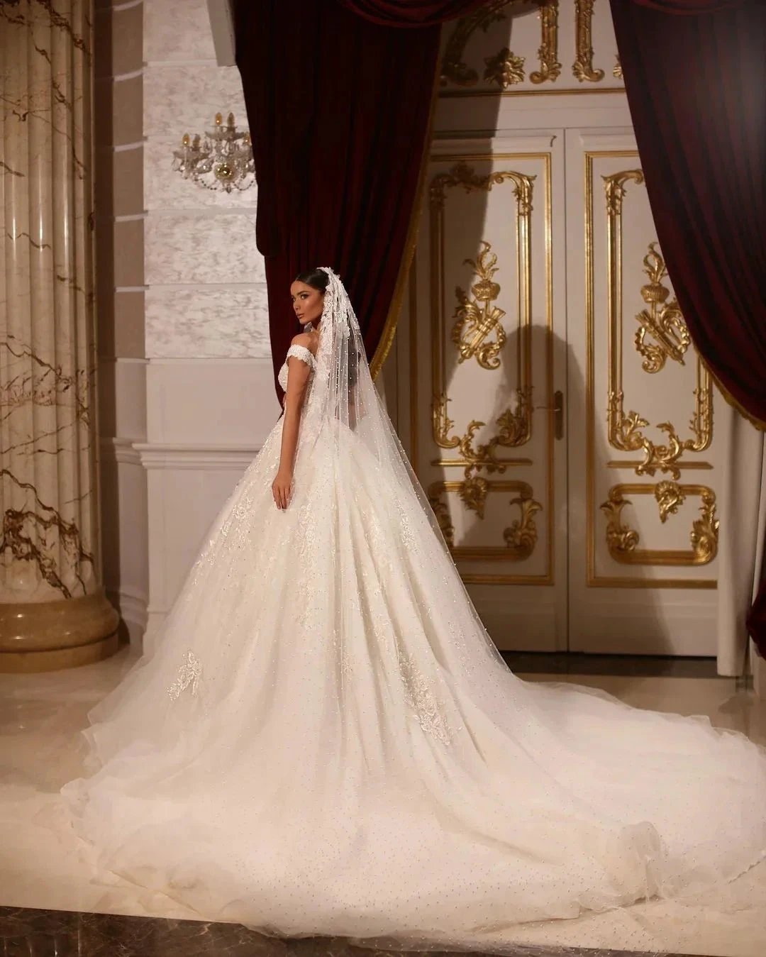 Luxurious Long A-line Off-the-shoulder Lace Beading Wedding Dress (ZD15657)