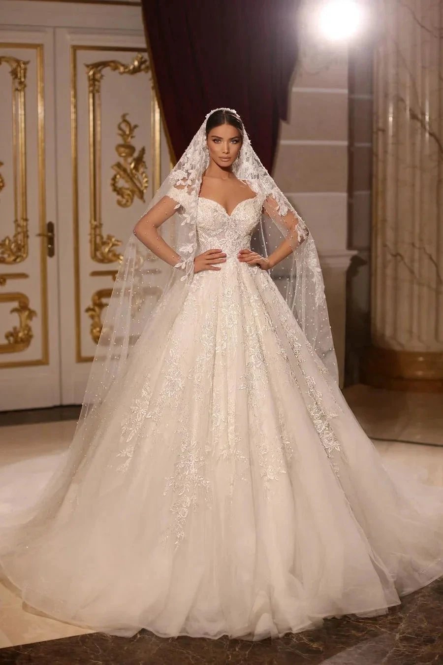 Luxurious Long A-line Off-the-shoulder Lace Beading Wedding Dress (ZD15657)