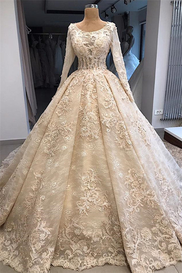 Luxurious Long Sleeves Crew Ball Gown Wedding Dresses | Appliques Overskirt Zipper Bridal Gown