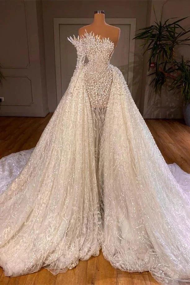 Luxurious Long White A-line Beading One Shoulder Wedding Dress With Sleeve (ZD14532) - VelvetHem