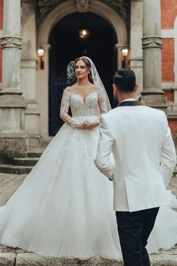 Luxurious Long White Scoop Neck A-Line Tulle Lace Wedding Dress With Sleeves (ZD14487)