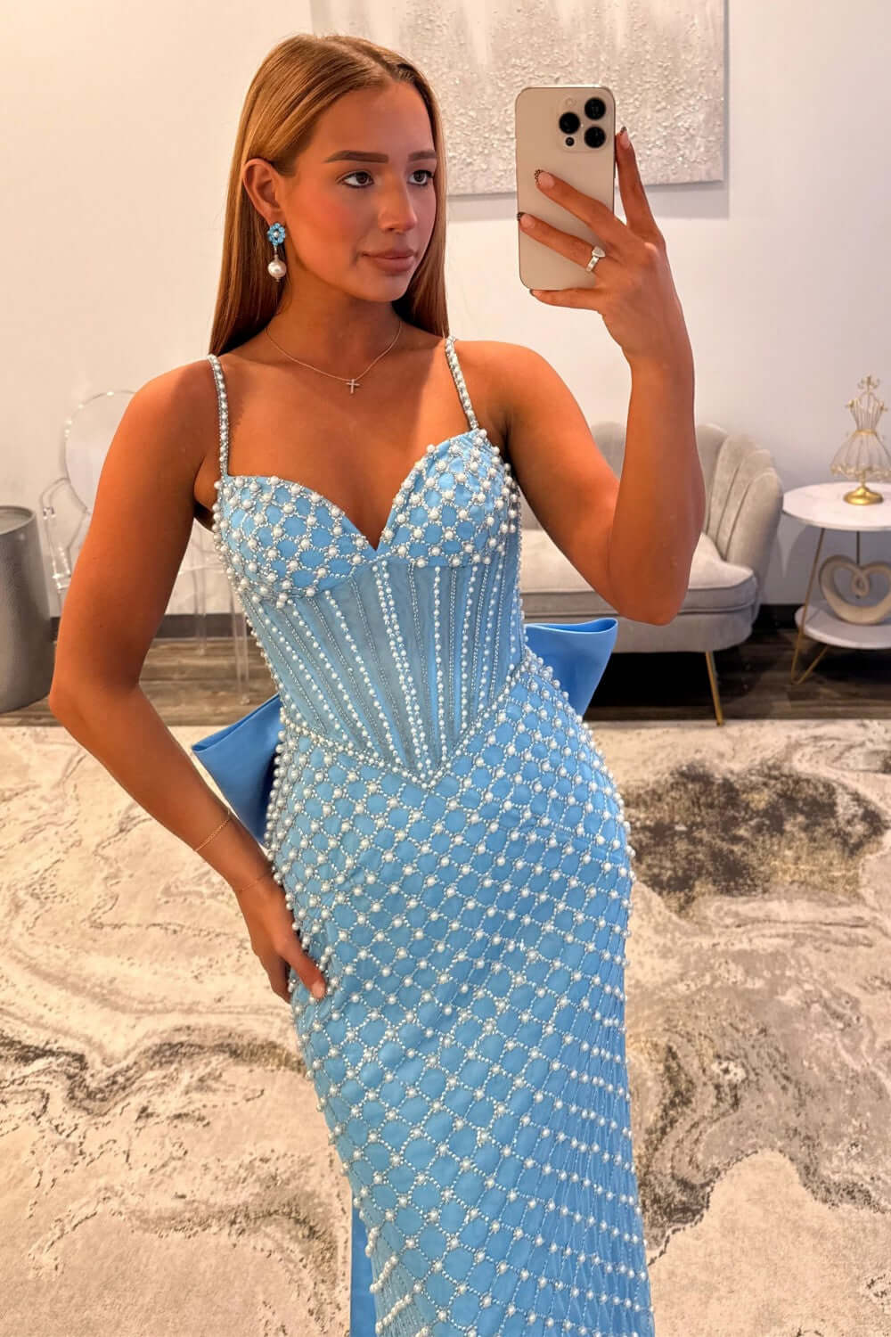 Suzhoufashion Mermaid Prom Dress Blue Corset Long Formal Dress With Pearls