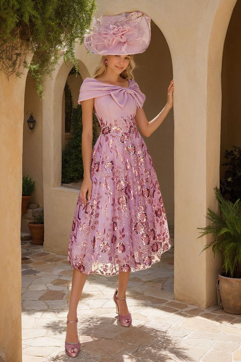 Luxurious V Neck A Line Tea Length Mother of the Bride Dress with Bow & Embroidery