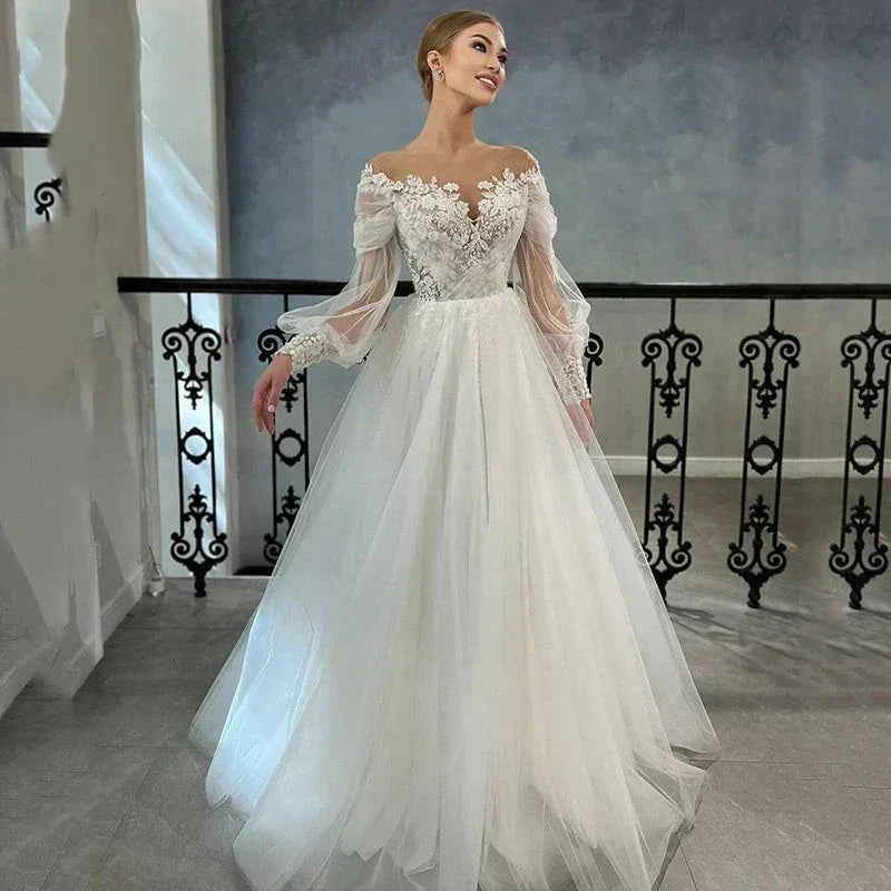 Luxurious White Bridal Gown Tulle with Applique Lace O-Neck A-Line Floor-Length Wedding Dress for Women vestidos de novia (ZD14202) - VelvetHem