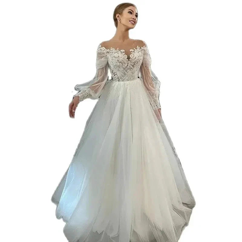 Luxurious White Bridal Gown Tulle with Applique Lace O-Neck A-Line Floor-Length Wedding Dress for Women vestidos de novia (ZD14202)