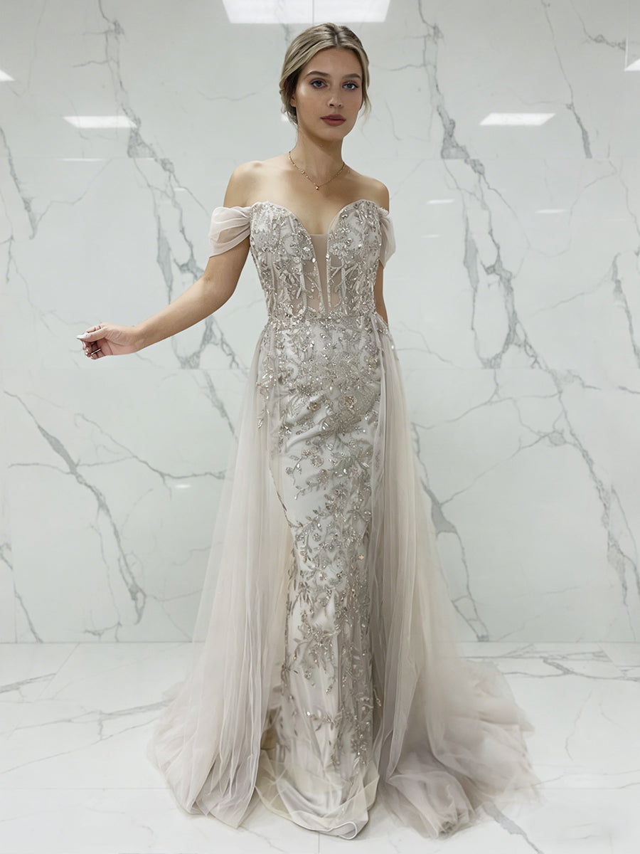 Luxurious Champagne Beaded Off-the-Shoulder Prom Dress with Tulle Train - VelvetHem