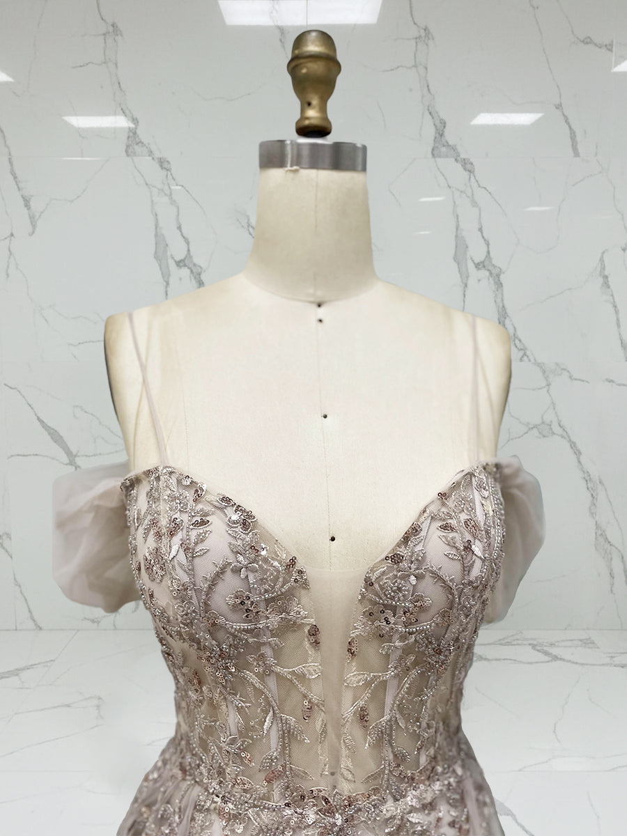 Luxurious Champagne Beaded Off-the-Shoulder Prom Dress with Tulle Train