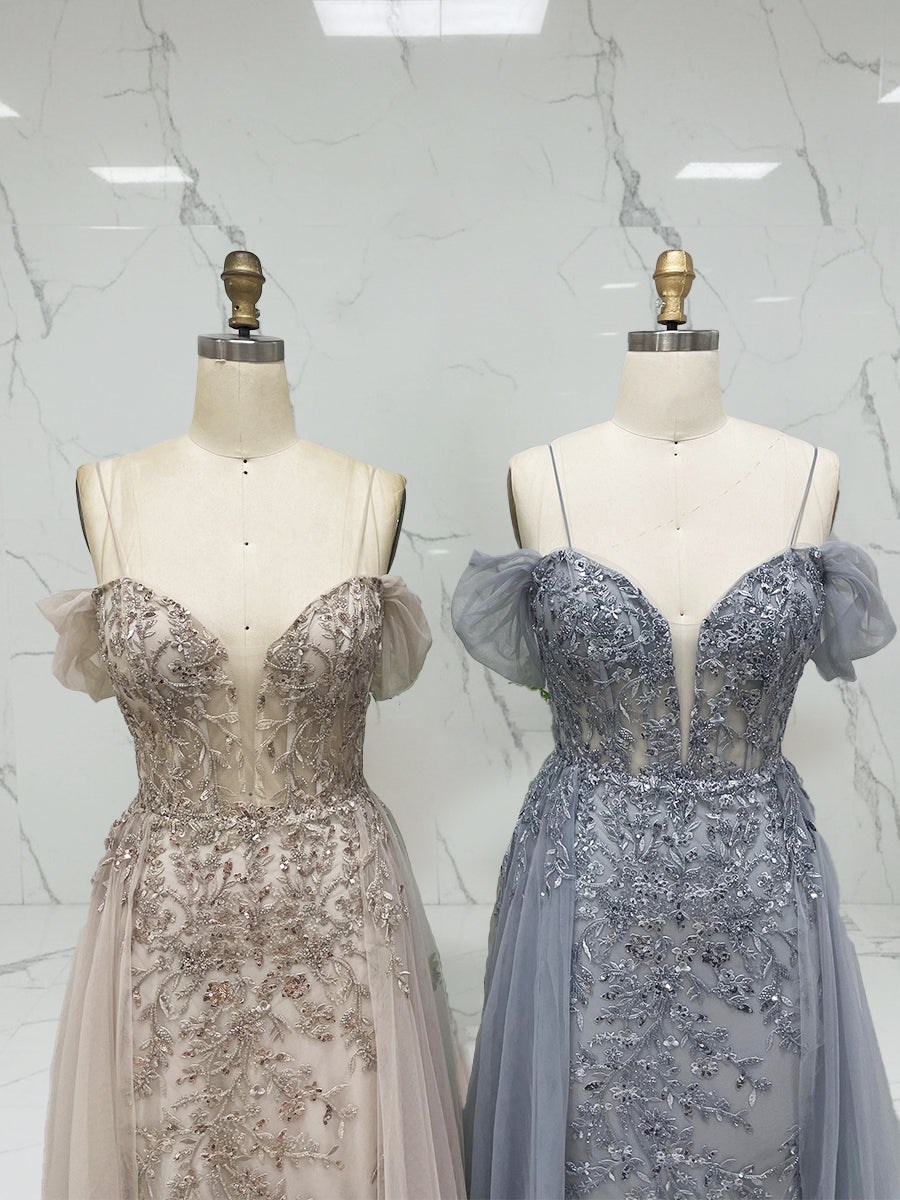 Luxurious Champagne Beaded Off-the-Shoulder Prom Dress with Tulle Train