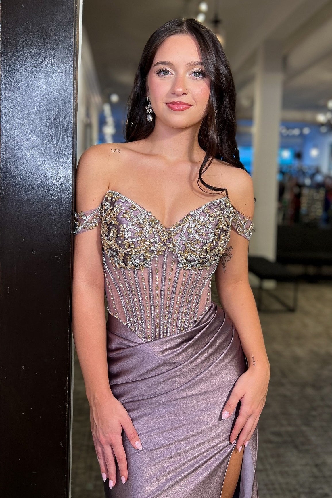 Stunning Mermaid Off the Shoulder Dark Grey Corset Prom Dress with Beading