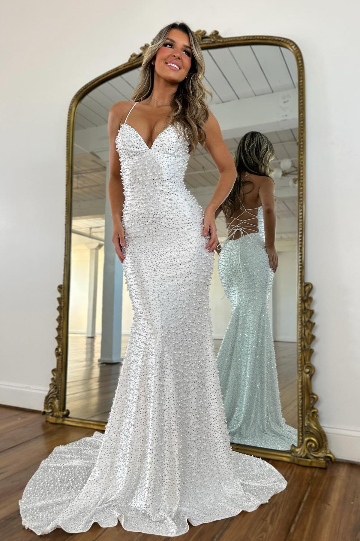 Glamorous Spaghetti Straps Light Blue Mermaid Prom Dress with Pearl Beaded - View 11 | VelvetHem