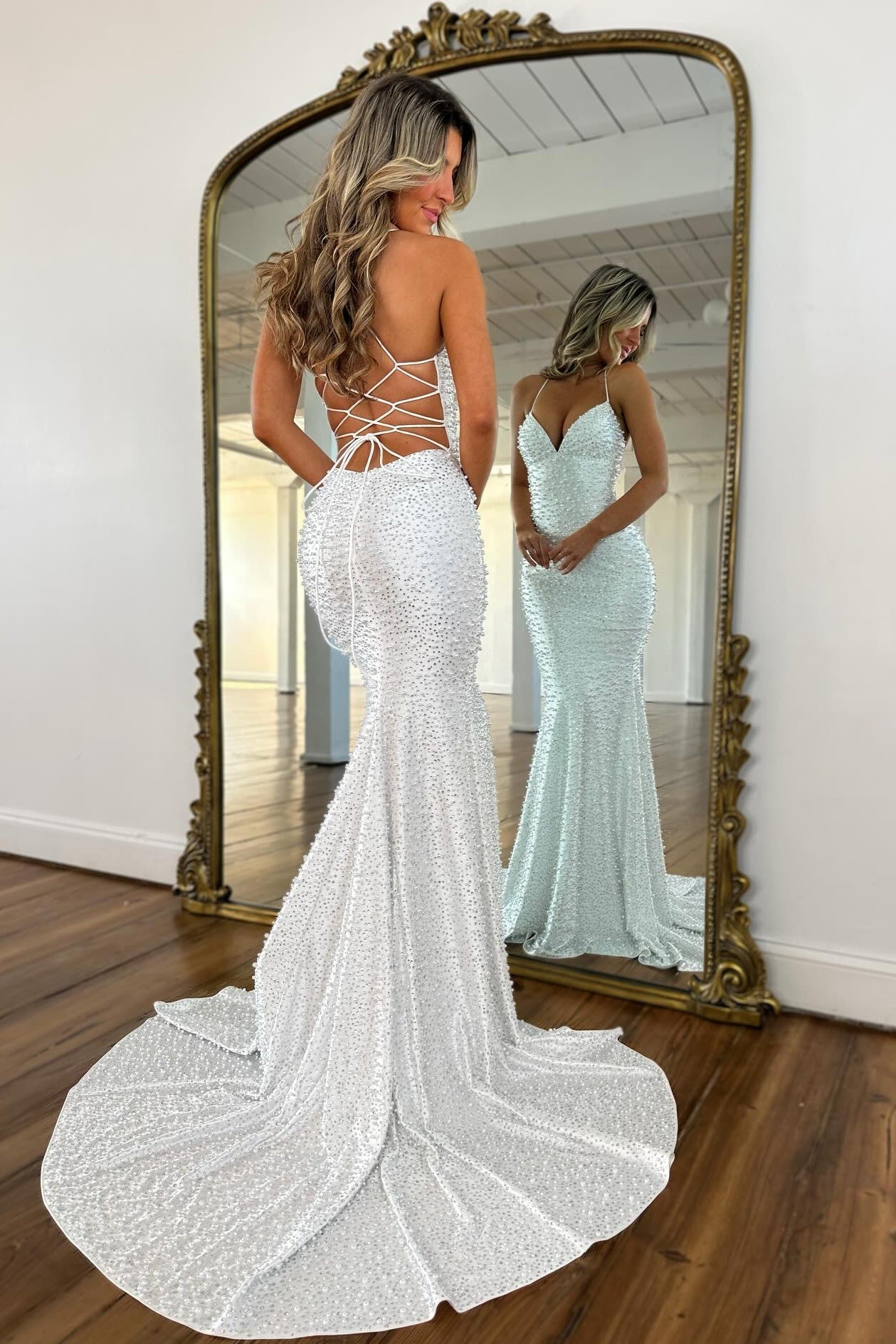 Glamorous Spaghetti Straps Light Blue Mermaid Prom Dress with Pearl Beaded