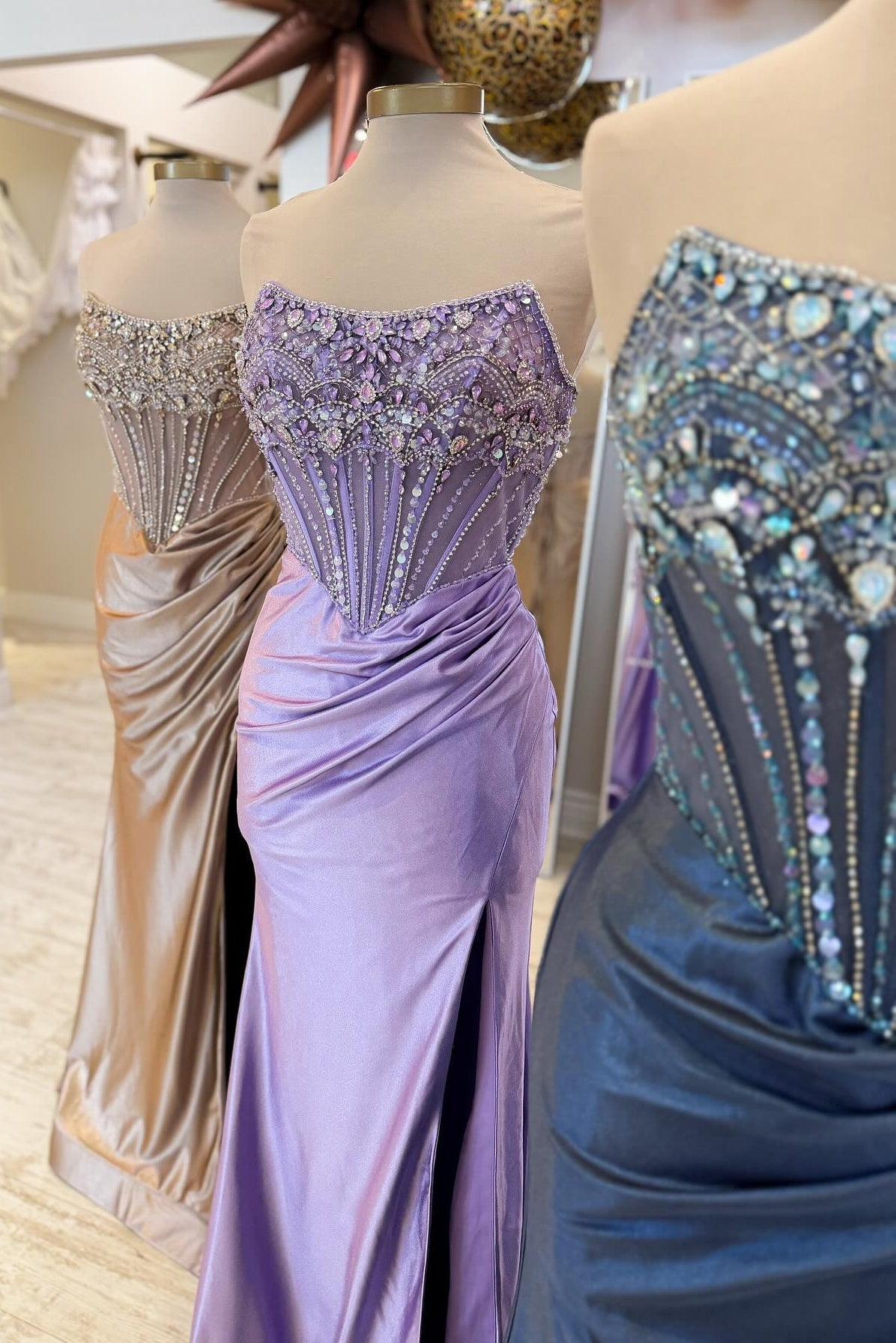 Luxurious Mermaid Strapless Dark Blue Corset Prom Dress with Beading - View 3 | VelvetHem