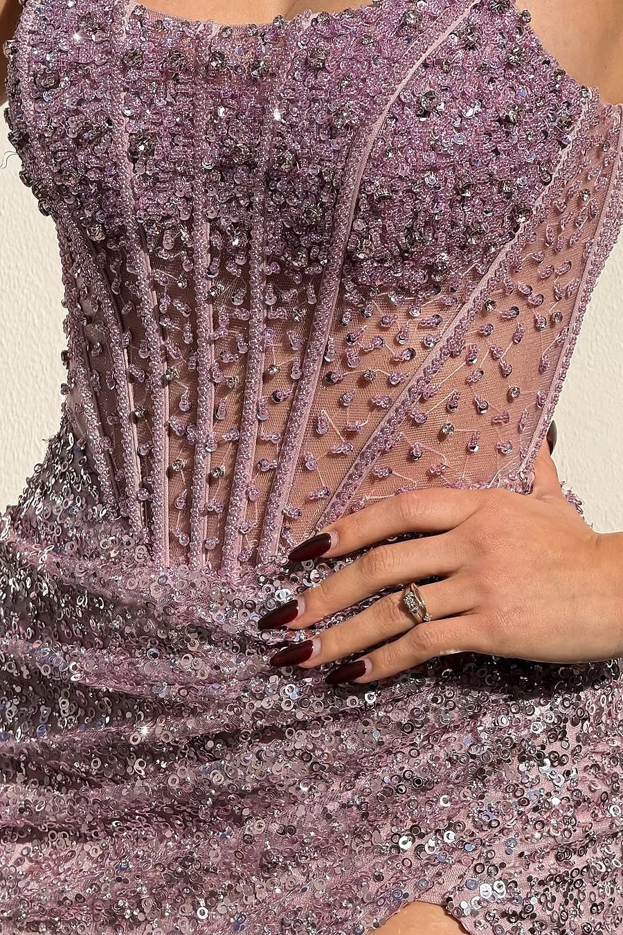 Luxurious Mermaid Strapless Lilac Sequins Corset Prom Dress with Beading - View 5 | VelvetHem