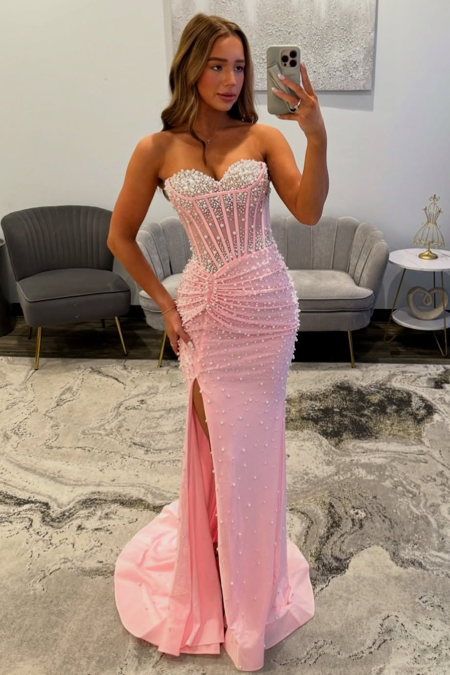 Luxurious Mermaid Sweetheart Pink Corset Prom Dress with Pearls